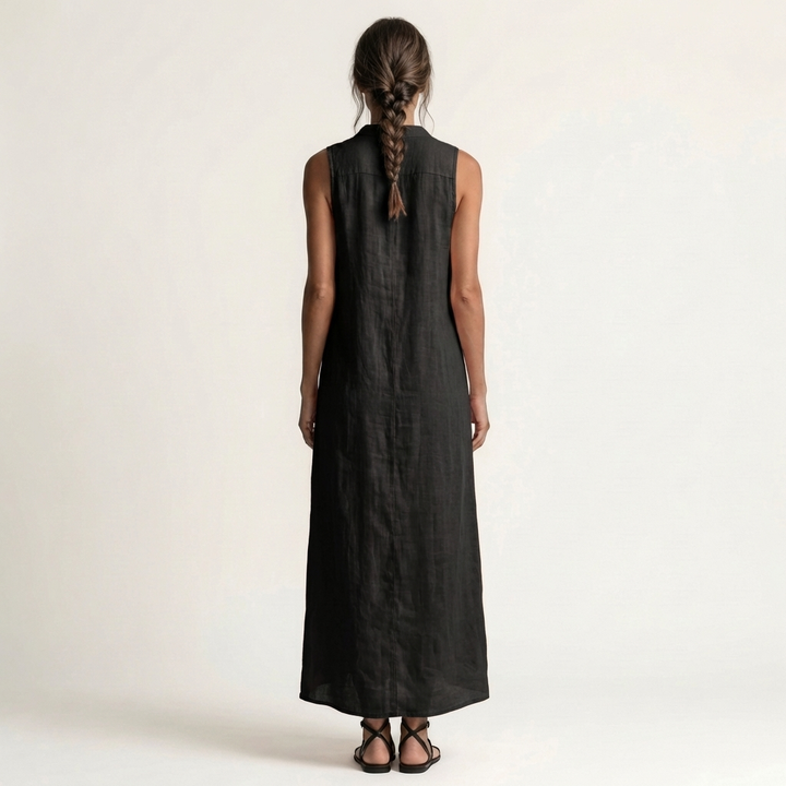 HENRIETTE™ - Hooded Button-Front Sleeveless Linen Maxi Dress