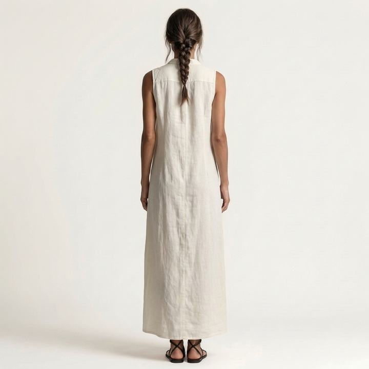 HENRIETTE™ - Hooded Button-Front Sleeveless Linen Maxi Dress