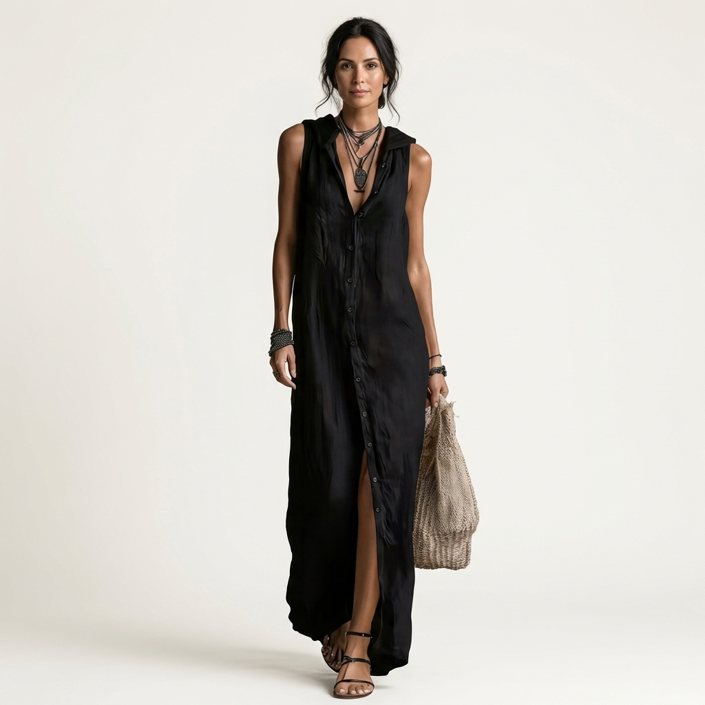 HENRIETTE™ - Hooded Button-Front Sleeveless Linen Maxi Dress