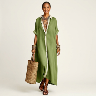 FRANCESCA™ - Contrast-Collar Button-Front Short-Sleeve Maxi Shirt Dress