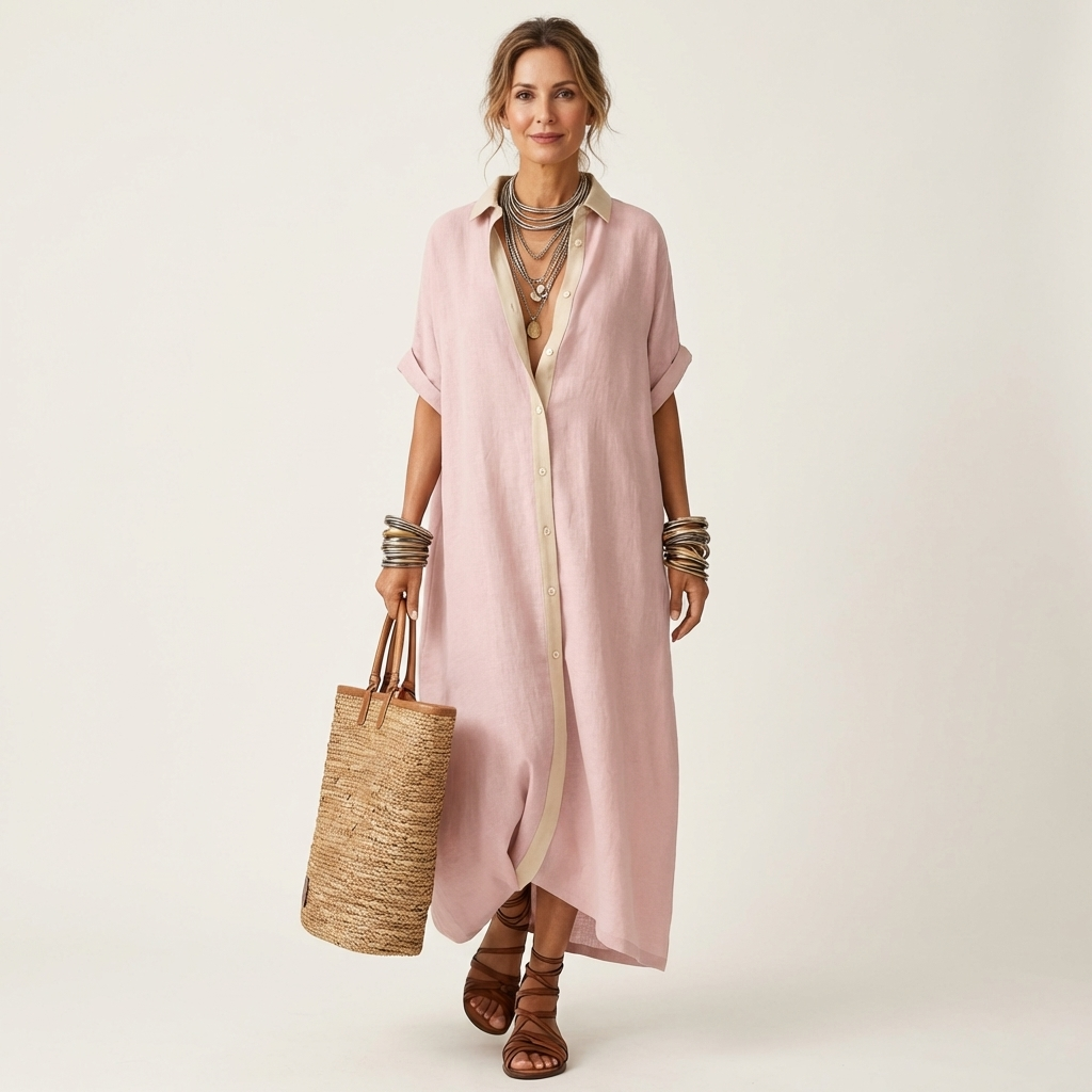 FRANCESCA™ - Contrast-Collar Button-Front Short-Sleeve Maxi Shirt Dress