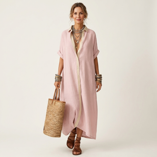 FRANCESCA™ - Contrast-Collar Button-Front Short-Sleeve Maxi Shirt Dress