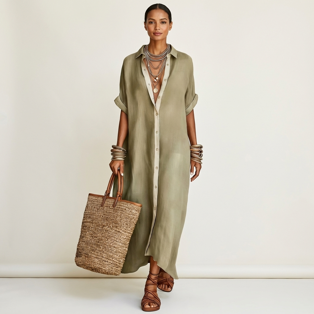 FRANCESCA™ - Contrast-Collar Button-Front Short-Sleeve Maxi Shirt Dress