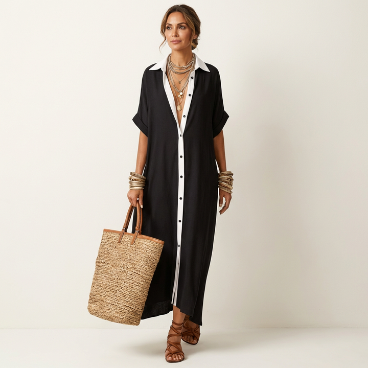 FRANCESCA™ - Contrast-Collar Button-Front Short-Sleeve Maxi Shirt Dress