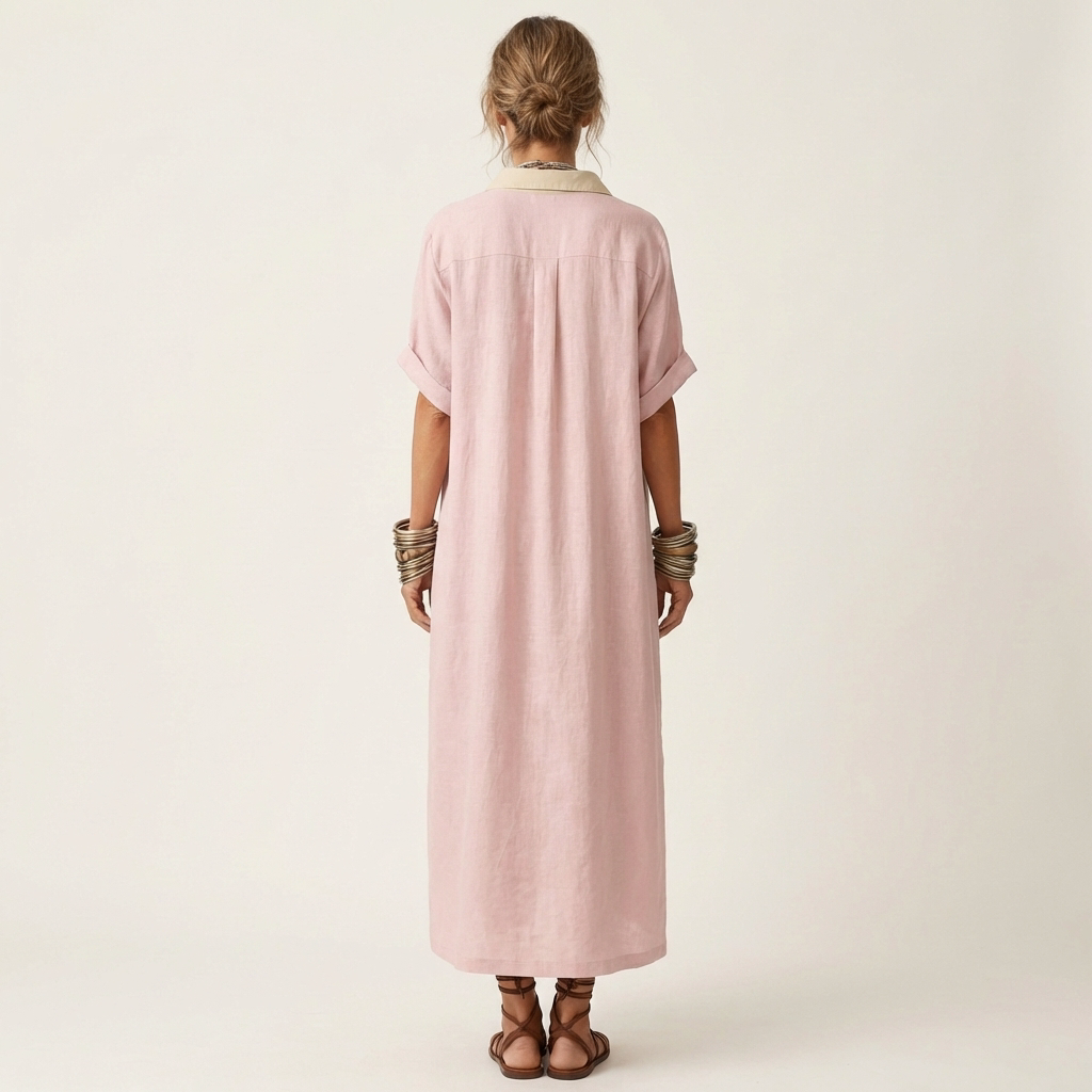 FRANCESCA™ - Contrast-Collar Button-Front Short-Sleeve Maxi Shirt Dress