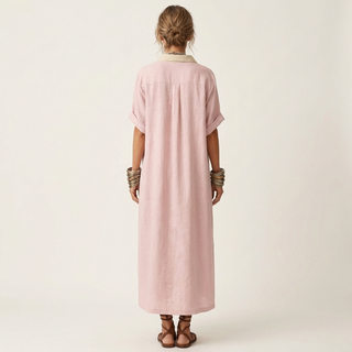 FRANCESCA™ - Contrast-Collar Button-Front Short-Sleeve Maxi Shirt Dress
