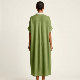 FRANCESCA™ - Contrast-Collar Button-Front Short-Sleeve Maxi Shirt Dress