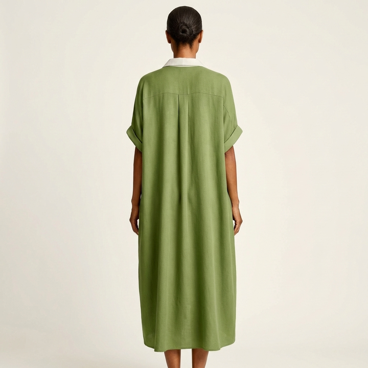 FRANCESCA™ - Contrast-Collar Button-Front Short-Sleeve Maxi Shirt Dress
