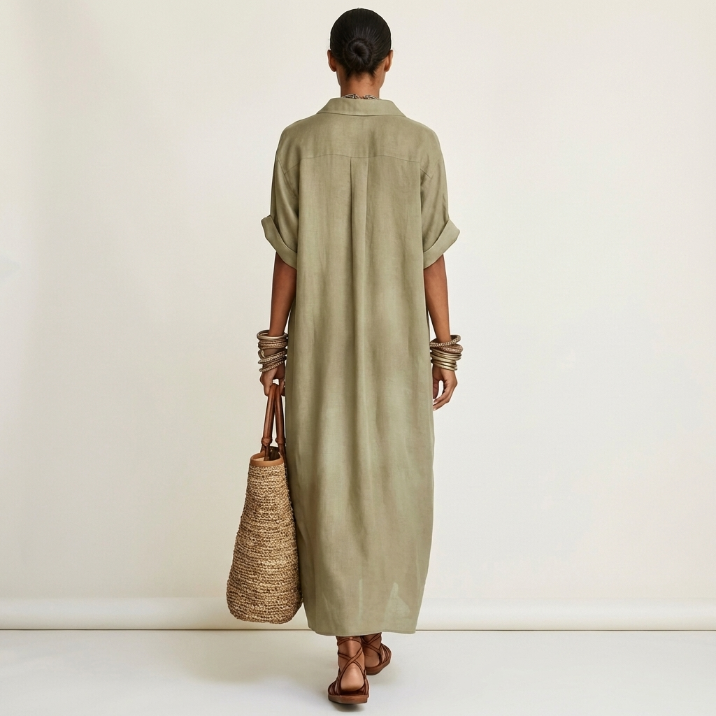 FRANCESCA™ - Contrast-Collar Button-Front Short-Sleeve Maxi Shirt Dress