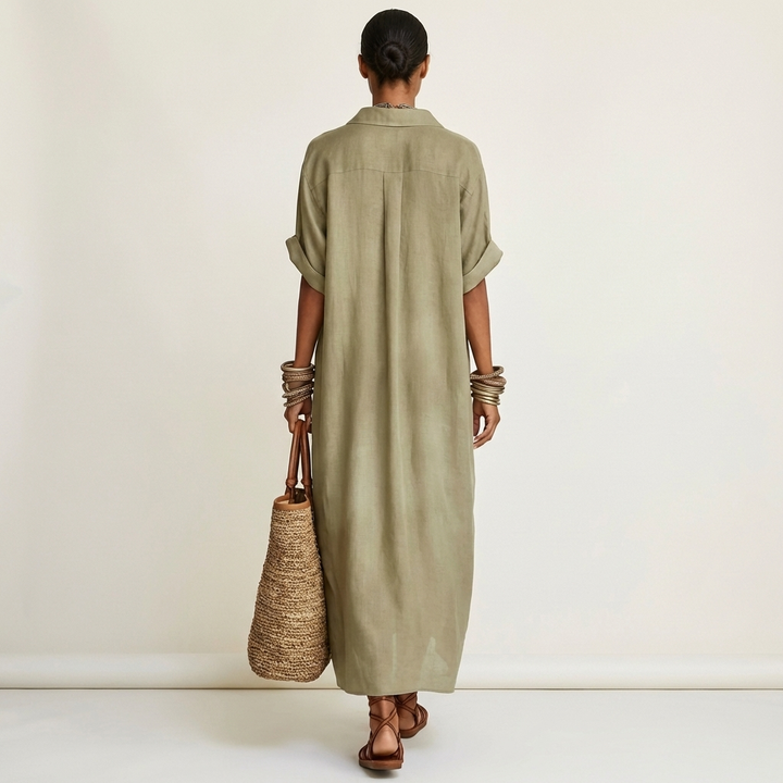 FRANCESCA™ - Contrast-Collar Button-Front Short-Sleeve Maxi Shirt Dress