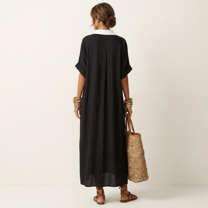 FRANCESCA™ - Contrast-Collar Button-Front Short-Sleeve Maxi Shirt Dress