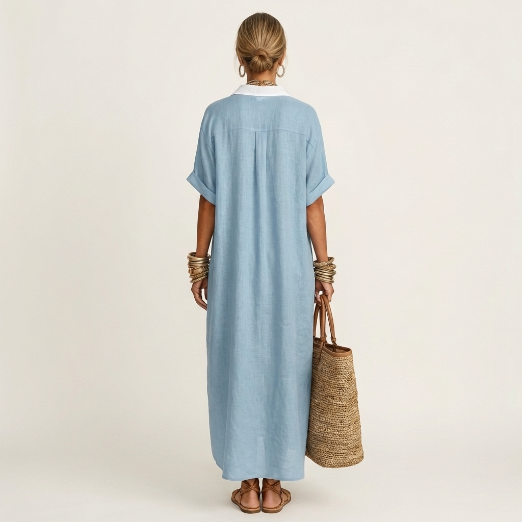 FRANCESCA™ - Contrast-Collar Button-Front Short-Sleeve Maxi Shirt Dress