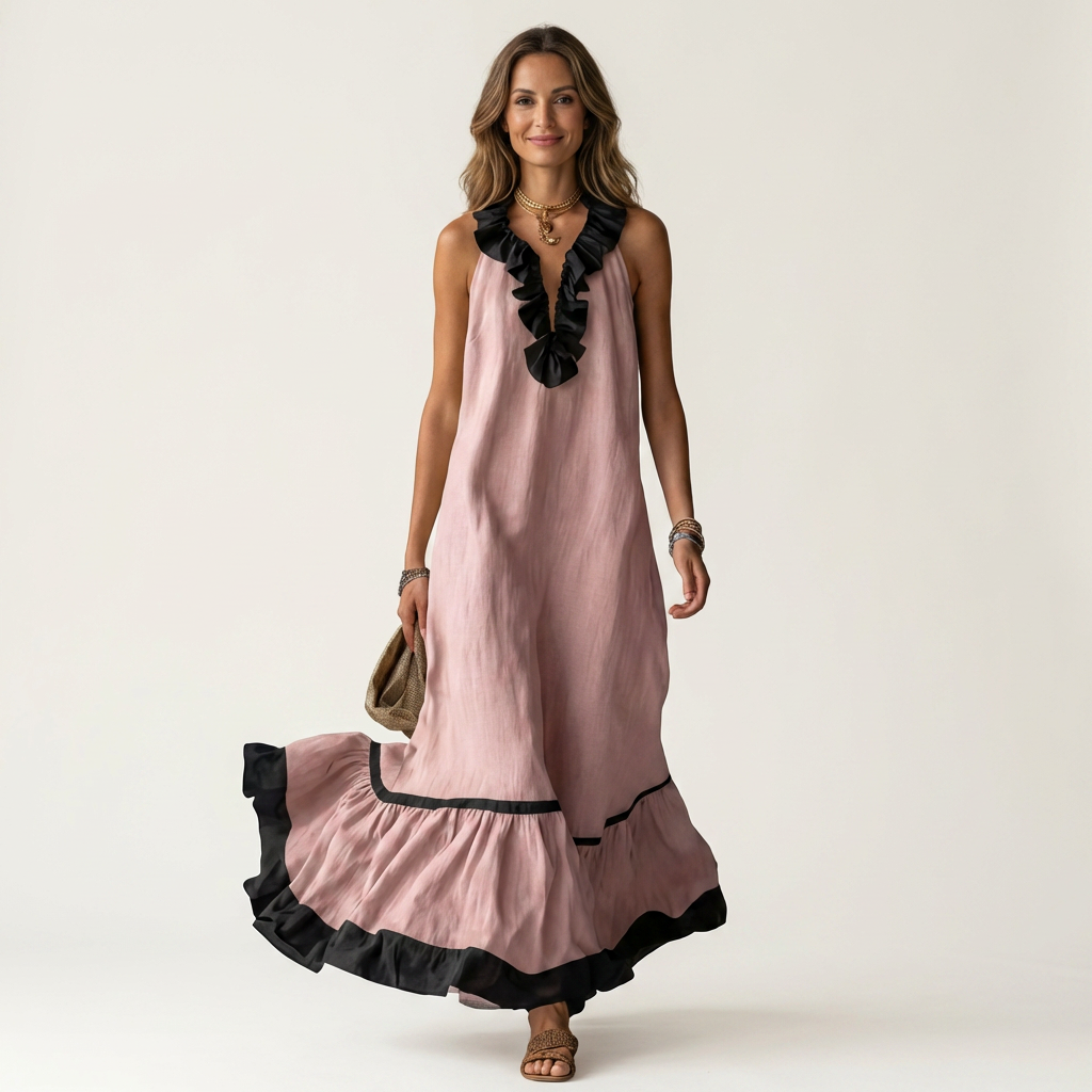 TIPHAINE™ - Sleeveless Ruffle-Neck Contrast-Trim Maxi Dress