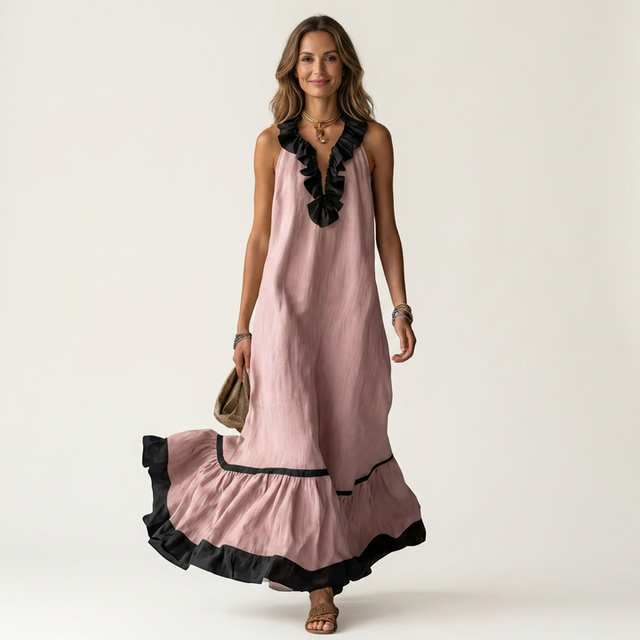 TIPHAINE™ - Sleeveless Ruffle-Neck Contrast-Trim Maxi Dress