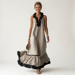 TIPHAINE™ - Sleeveless Ruffle-Neck Contrast-Trim Maxi Dress