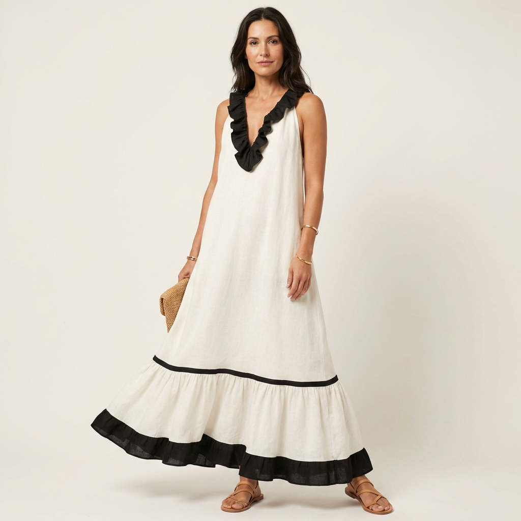 TIPHAINE™ - Sleeveless Ruffle-Neck Contrast-Trim Maxi Dress