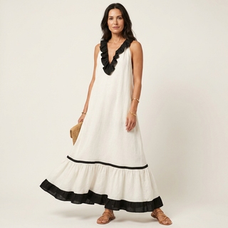 TIPHAINE™ - Sleeveless Ruffle-Neck Contrast-Trim Maxi Dress