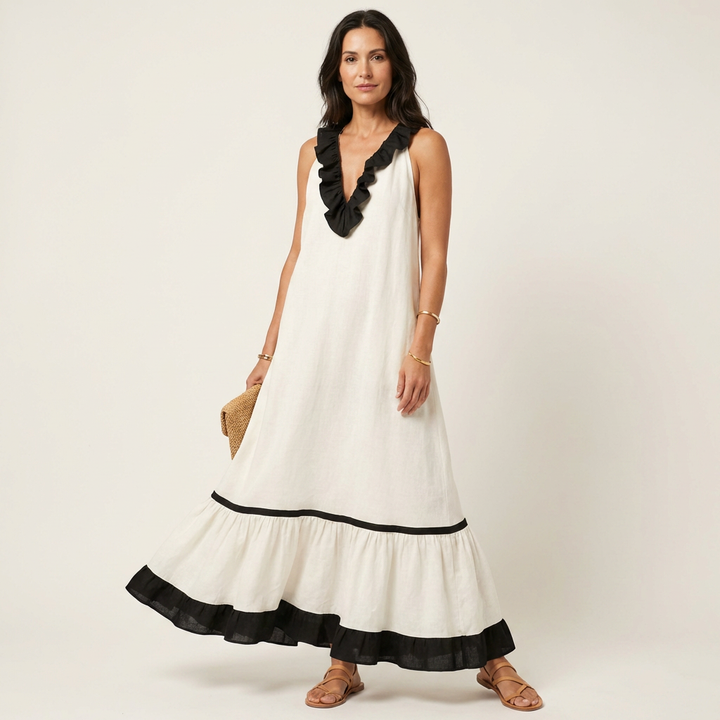TIPHAINE™ - Sleeveless Ruffle-Neck Contrast-Trim Maxi Dress