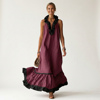 TIPHAINE™ - Sleeveless Ruffle-Neck Contrast-Trim Maxi Dress