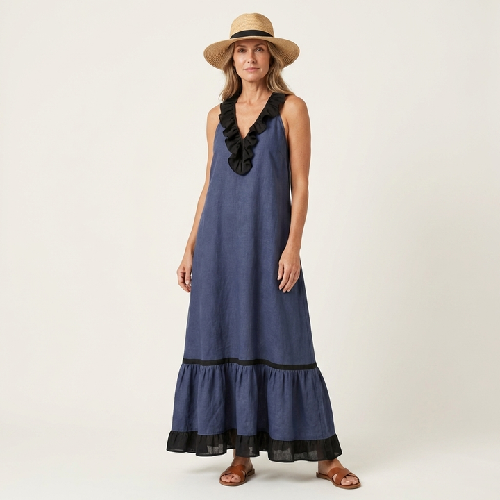TIPHAINE™ - Sleeveless Ruffle-Neck Contrast-Trim Maxi Dress