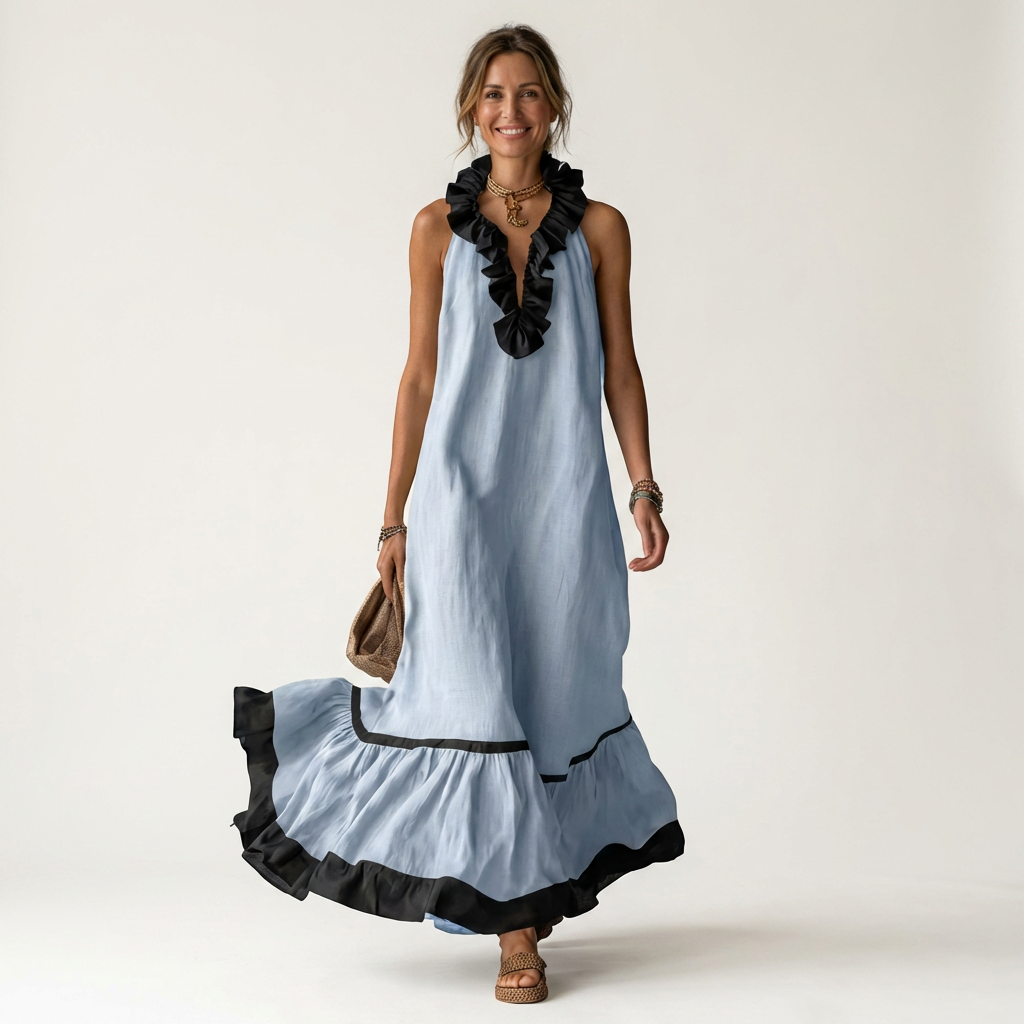TIPHAINE™ - Sleeveless Ruffle-Neck Contrast-Trim Maxi Dress