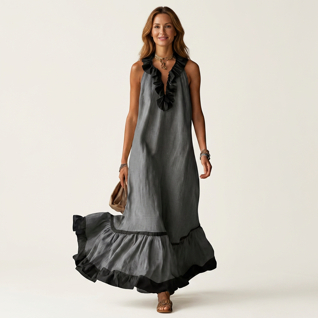 TIPHAINE™ - Sleeveless Ruffle-Neck Contrast-Trim Maxi Dress