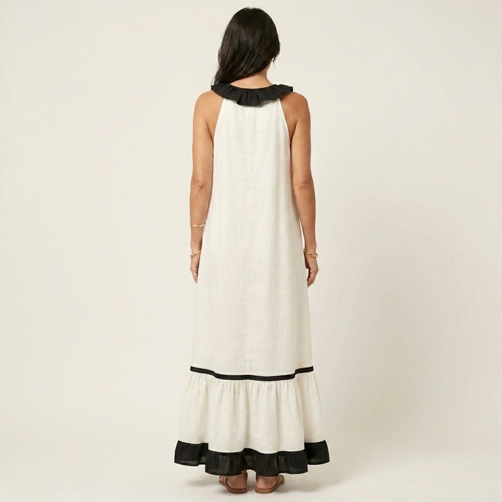 TIPHAINE™ - Sleeveless Ruffle-Neck Contrast-Trim Maxi Dress