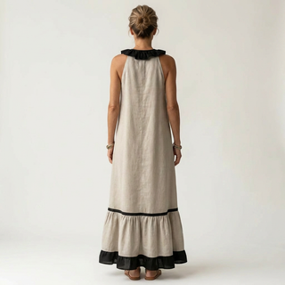 TIPHAINE™ - Sleeveless Ruffle-Neck Contrast-Trim Maxi Dress