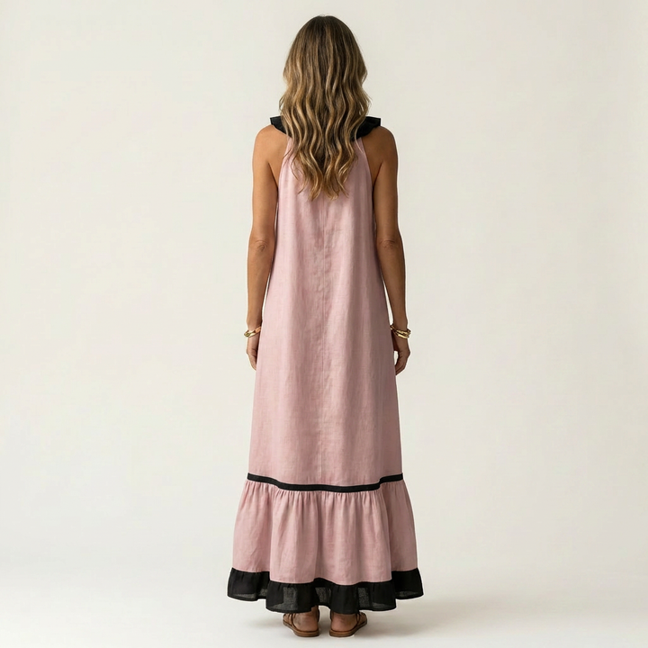 TIPHAINE™ - Sleeveless Ruffle-Neck Contrast-Trim Maxi Dress
