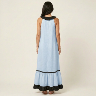 TIPHAINE™ - Sleeveless Ruffle-Neck Contrast-Trim Maxi Dress