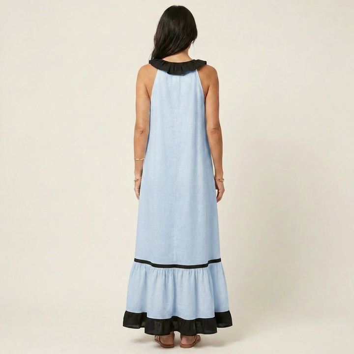 TIPHAINE™ - Sleeveless Ruffle-Neck Contrast-Trim Maxi Dress