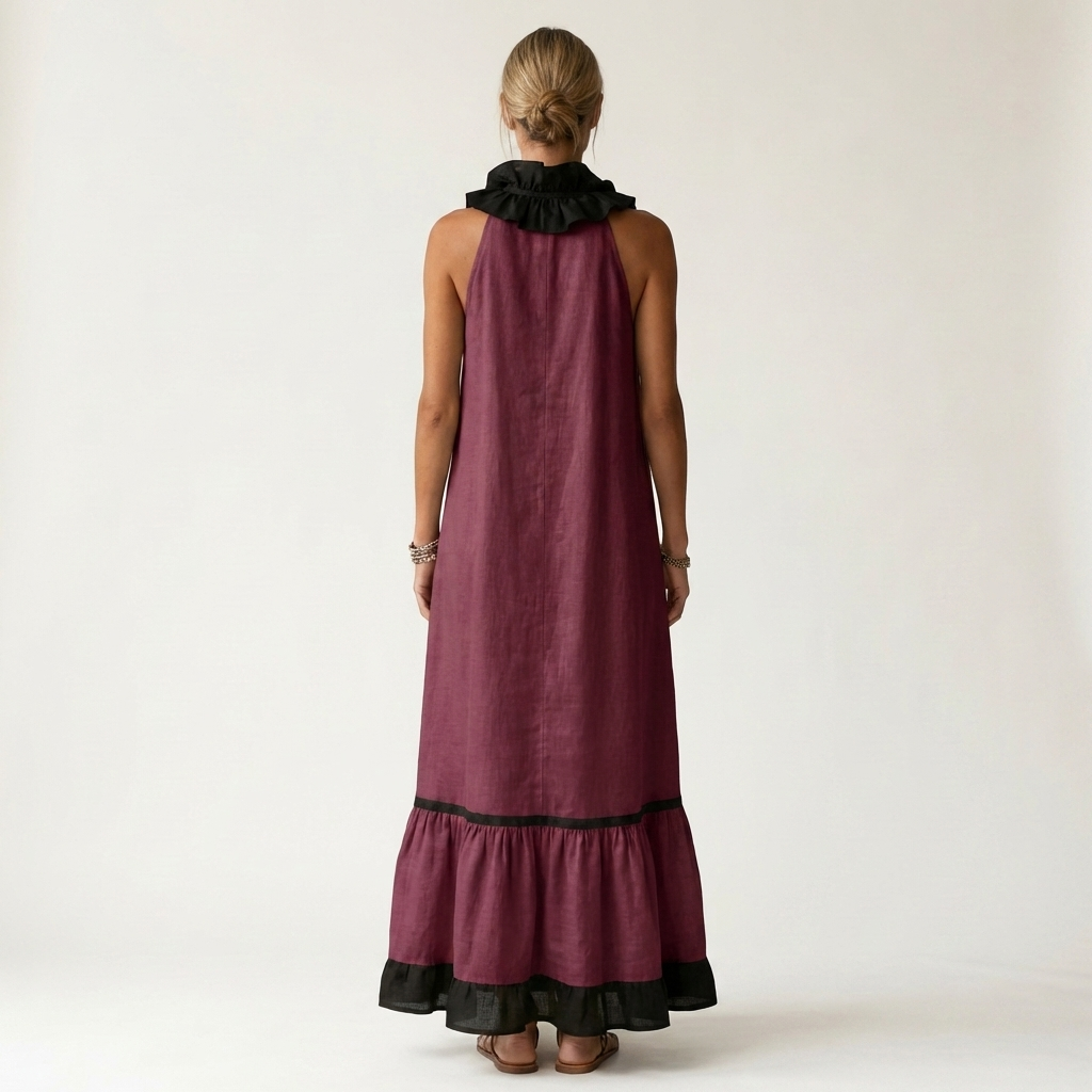 TIPHAINE™ - Sleeveless Ruffle-Neck Contrast-Trim Maxi Dress