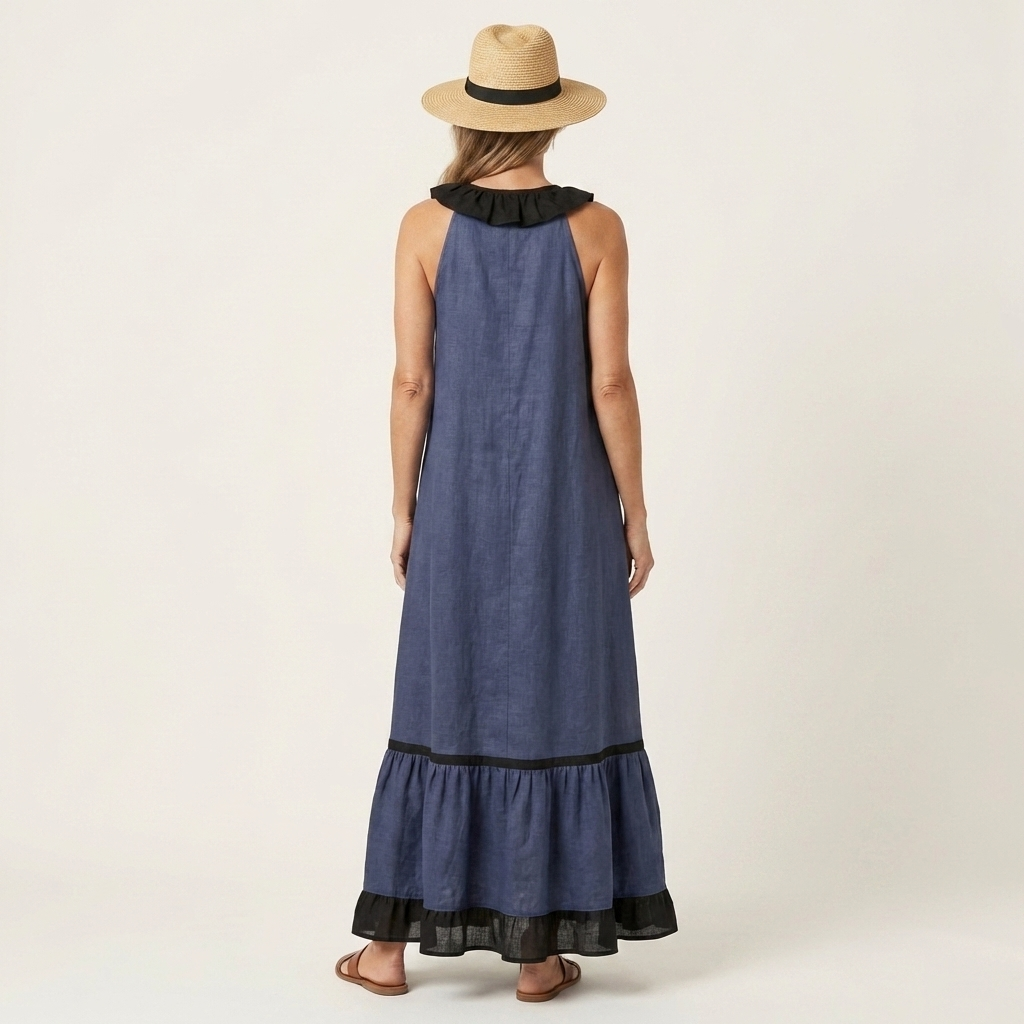 TIPHAINE™ - Sleeveless Ruffle-Neck Contrast-Trim Maxi Dress
