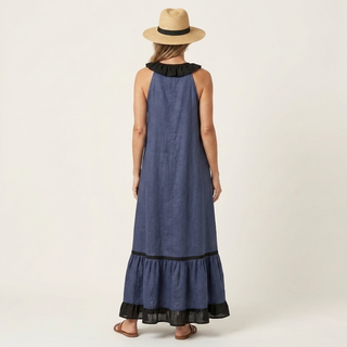 TIPHAINE™ - Sleeveless Ruffle-Neck Contrast-Trim Maxi Dress
