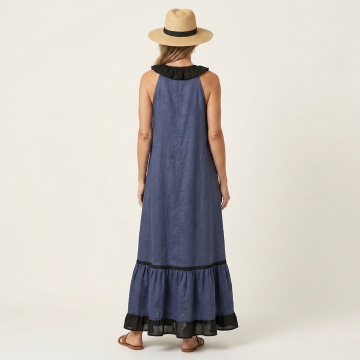 TIPHAINE™ - Sleeveless Ruffle-Neck Contrast-Trim Maxi Dress