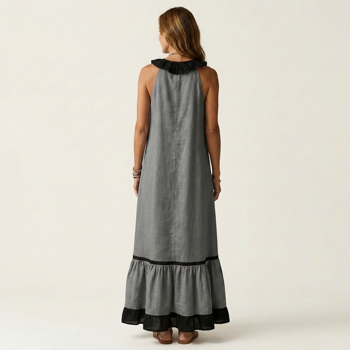 TIPHAINE™ - Sleeveless Ruffle-Neck Contrast-Trim Maxi Dress