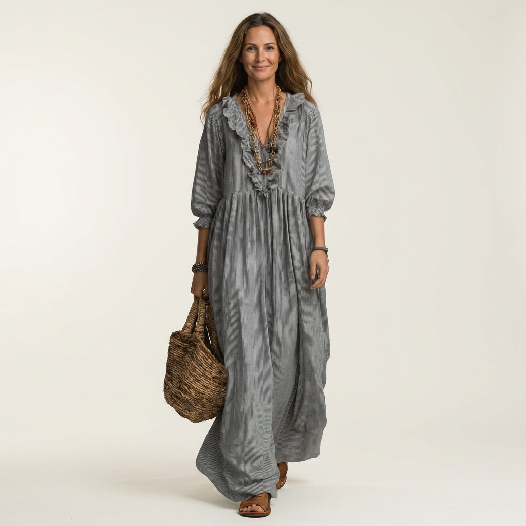 MATHILDE™ - Ruffle V-Neck Striped Lantern-Sleeve Maxi Dress