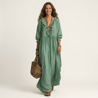 MATHILDE™ - Ruffle V-Neck Striped Lantern-Sleeve Maxi Dress