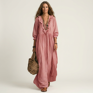MATHILDE™ - Ruffle V-Neck Striped Lantern-Sleeve Maxi Dress