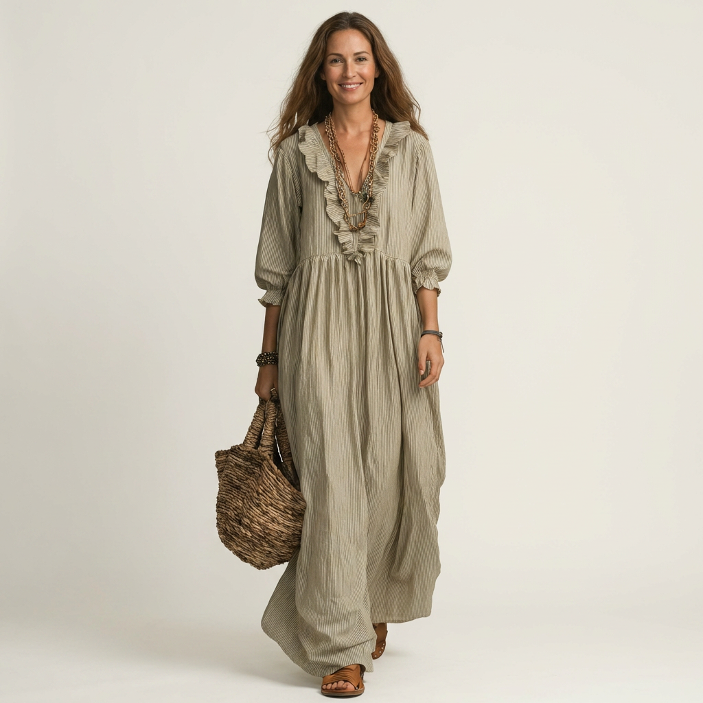 MATHILDE™ - Ruffle V-Neck Striped Lantern-Sleeve Maxi Dress