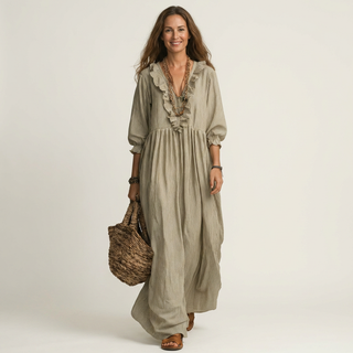 MATHILDE™ - Ruffle V-Neck Striped Lantern-Sleeve Maxi Dress