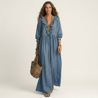 MATHILDE™ - Ruffle V-Neck Striped Lantern-Sleeve Maxi Dress