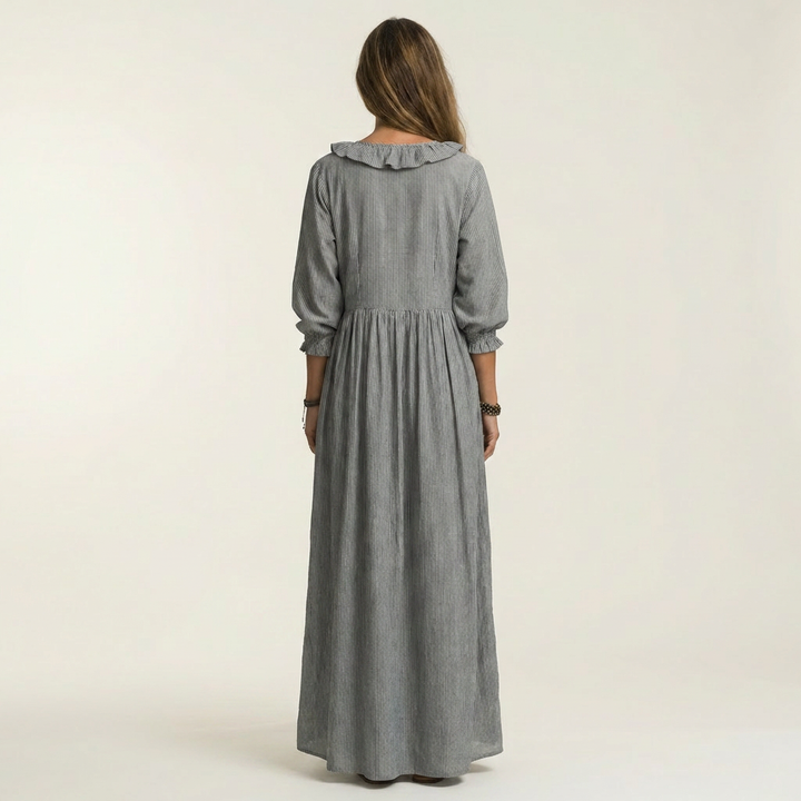 MATHILDE™ - Ruffle V-Neck Striped Lantern-Sleeve Maxi Dress