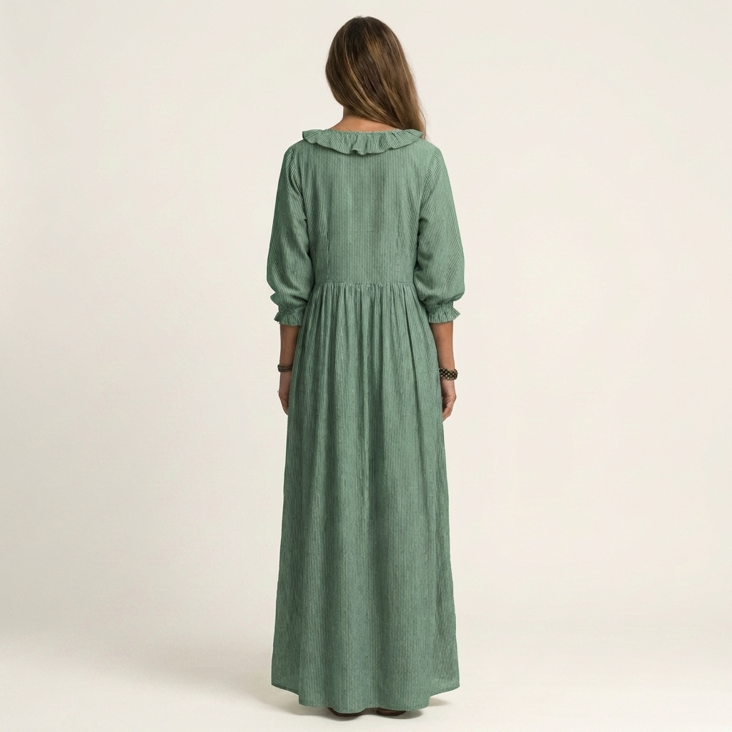 MATHILDE™ - Ruffle V-Neck Striped Lantern-Sleeve Maxi Dress