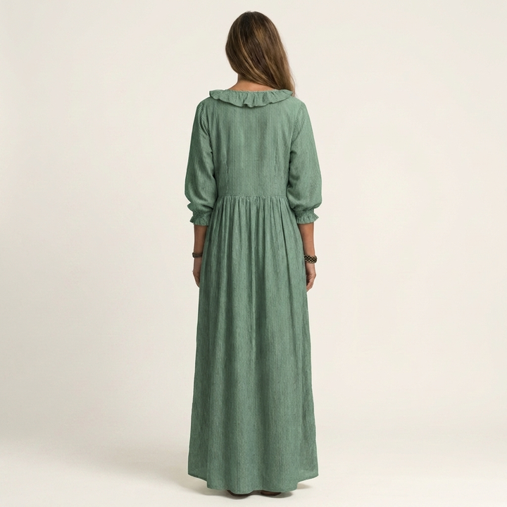 MATHILDE™ - Ruffle V-Neck Striped Lantern-Sleeve Maxi Dress