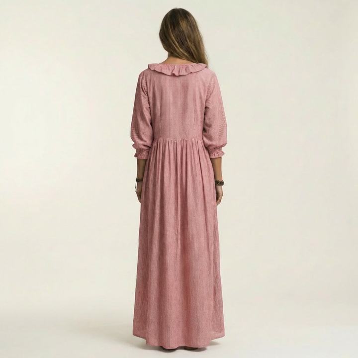 MATHILDE™ - Ruffle V-Neck Striped Lantern-Sleeve Maxi Dress