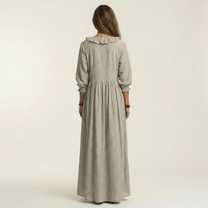 MATHILDE™ - Ruffle V-Neck Striped Lantern-Sleeve Maxi Dress