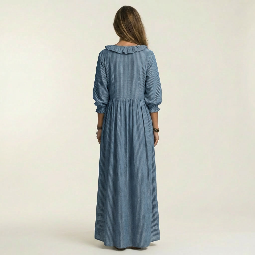 MATHILDE™ - Ruffle V-Neck Striped Lantern-Sleeve Maxi Dress