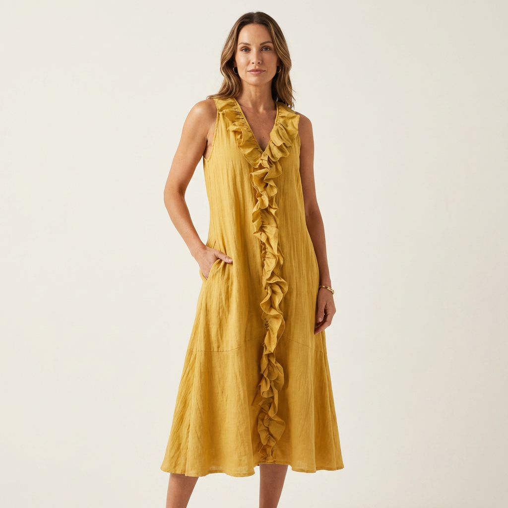 MORGANE™ - Ruffle-Front V-Neck Sleeveless Linen Maxi Dress