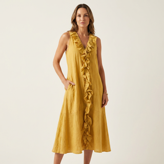 MORGANE™ - Ruffle-Front V-Neck Sleeveless Linen Maxi Dress